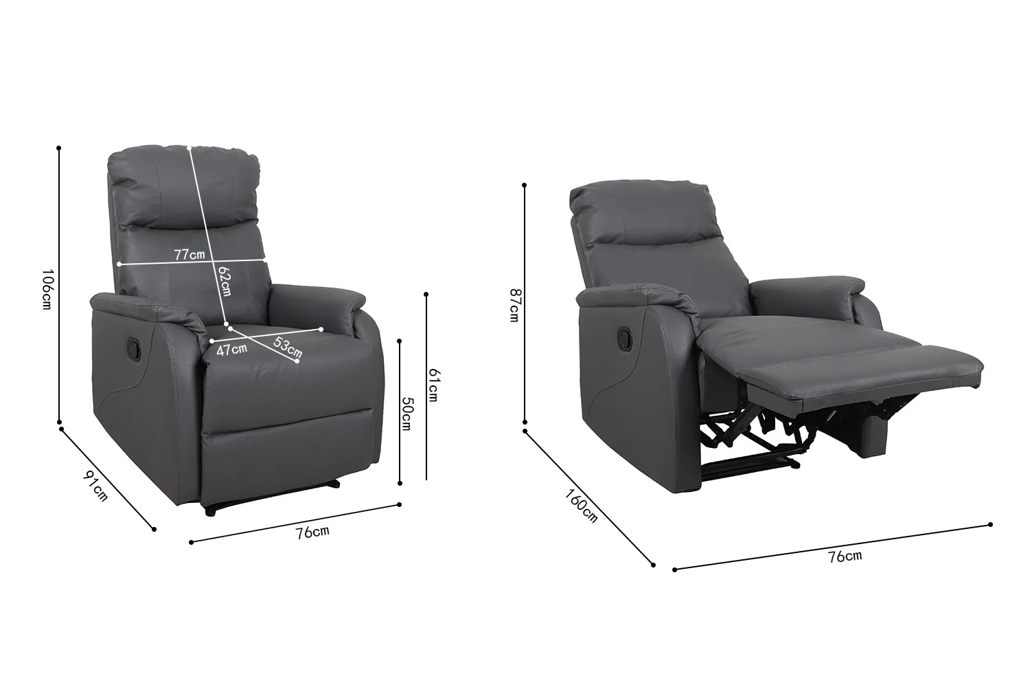 Relaxfauteuil Tokio – Manueel Verstelbaar – PU Lederlook Grijs – 76 x 90 x 160 cm